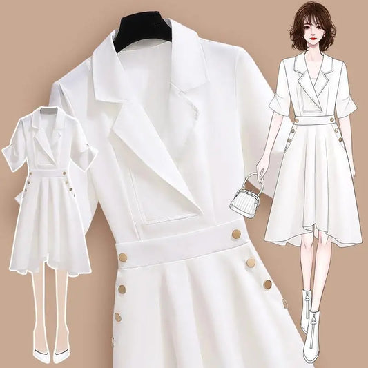 New Summer Leisure Elegant Dresses for Women Suit Collar Button Party Dress White Robe Maxi Female Delicate Clothes