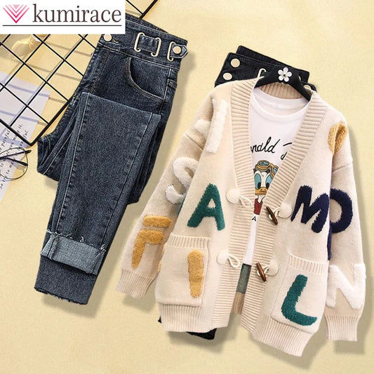 New Personalized Letter Printing Knitted Sweater Cardigan Jacket Casual Jeans Two Piece Elegant Women's Pants Set