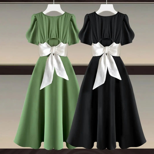 New Korean Fashionable Elegant Women's Dress Bow Belt Decoration Short Sleeve Pleated Chiffon Party Dresses