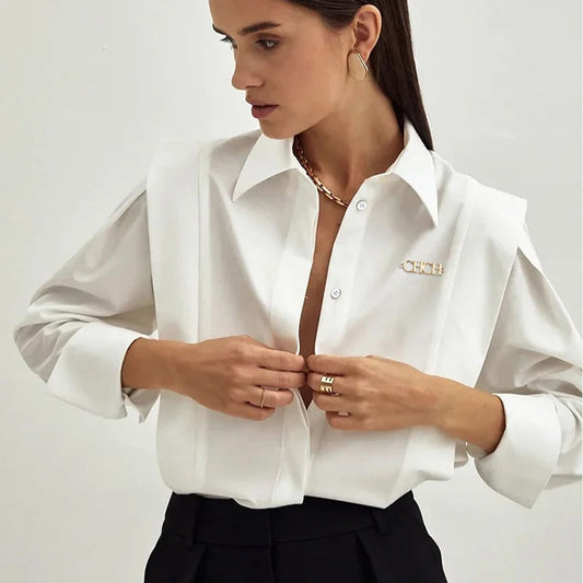 Business Women Shirts  Long Sleeve Polo Neck Loose White Blouse Cotton Texture