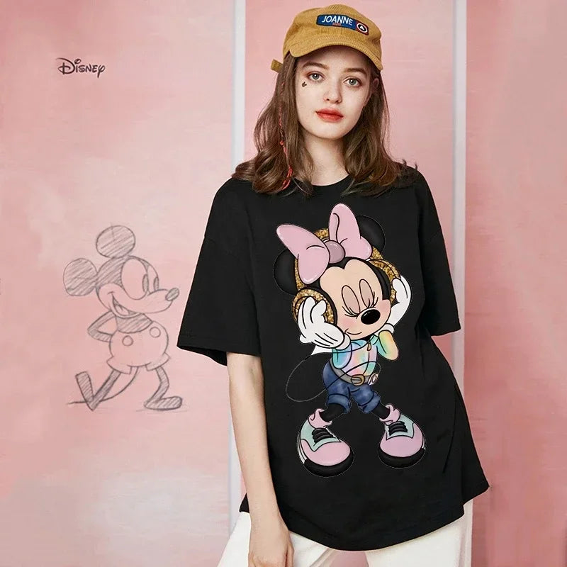 Kawaii Women T-shirts Fashion New 90s Vintage Cartoon Mickey Minnie Top Y2K Female Ulzzang Oversized T-shirt